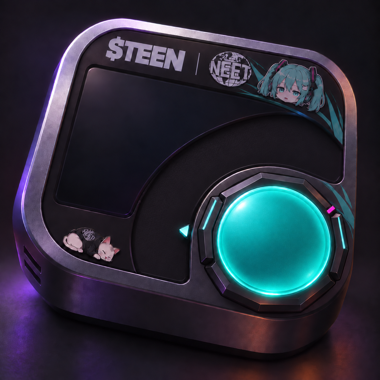 Floating metal arcade machine with a digital display and a glowing blue button.